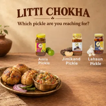 Amla, jimikand and lehsun pickle with litti chokha – Vrindavan Mishthan achar