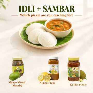 Mango khatai, nimbu and kathal pickle with idli sambar