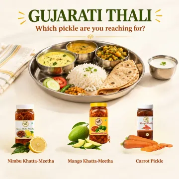 Nimbu and mango khatta-meetha and carrot pickle with Gujarati thali